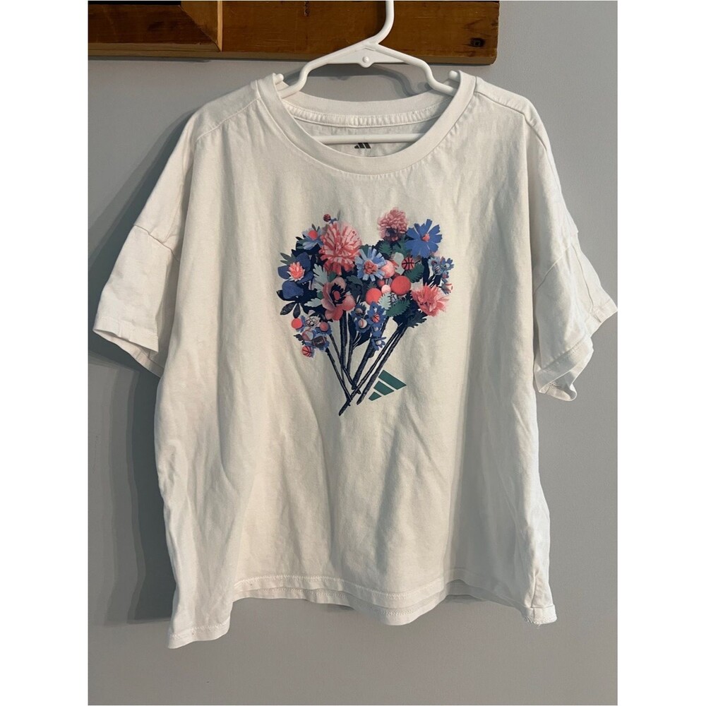 Girls Adidas Loose Fit Oversized Sporty Floral T-Shirt Size Medium (10-12)
